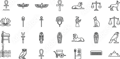 Ancient Egypt culture line icon set featuring sphinx, pharaoh sarcophagus, ankh symbols, pyramids, lotus flower, scales of justice, and traditional Egyptian deities.