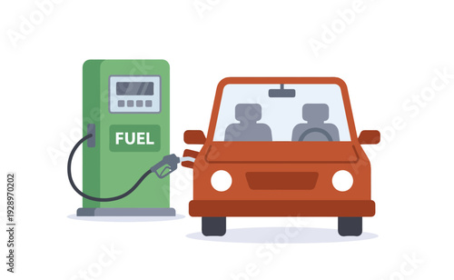 Flat vector illustration of a car refueling at a gas station pump