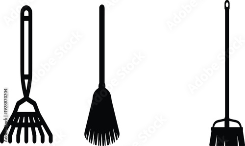Black silhouette rake and broom set isolated on white background, gardening and cleaning tools vector illustration collection