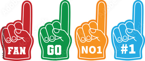 Colorful foam fingers with text in white on a simple white background perfect for sports and fan culture visuals