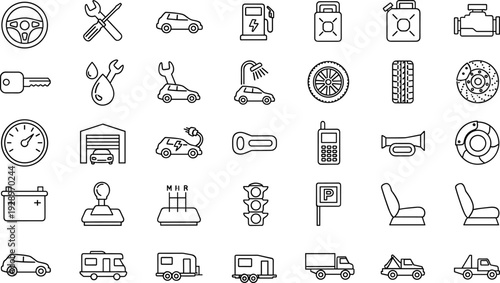 Complete automotive and transportation line icon set featuring electric car charging, engine parts, garage tools, tires, fuel cans, trailers, trucks, and vehicle maintenance symbols.