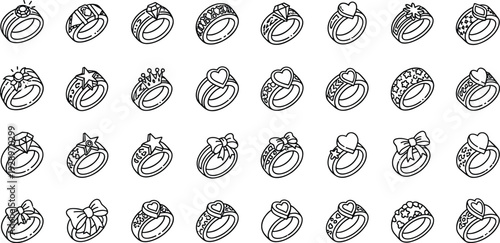 Collection of jewelry ring line icons featuring diamond engagement rings, wedding bands, heart-shaped gems, star designs, bow accents, crown details, and luxury fashion accessories.