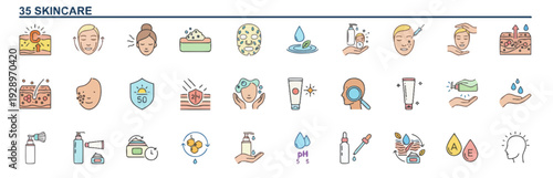 Collection of skincare icons representing various products and routines in a modern flat design