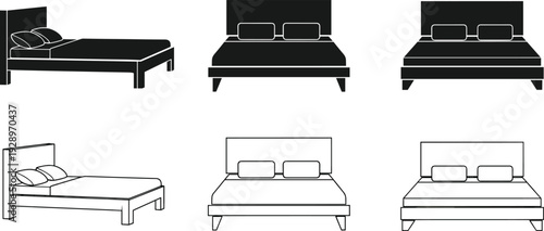 Modern bed icon set vector illustration, bedroom furniture silhouettes and outline designs, front and perspective views isolated collection