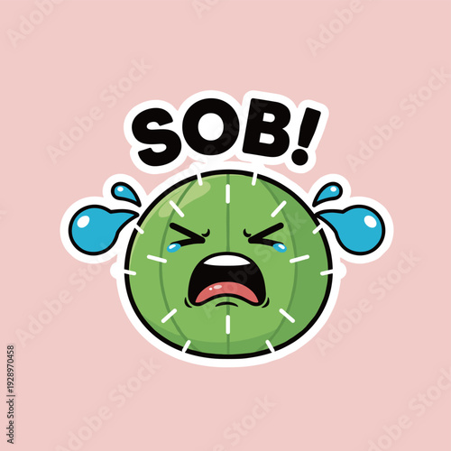 Crying Green Cactus Character Sticker with Large Blue Tears and Sob Text on Pink Background