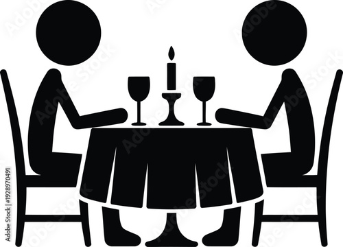 Simple black and white illustration of a couple dining romantically with wine glasses and a candle on the table