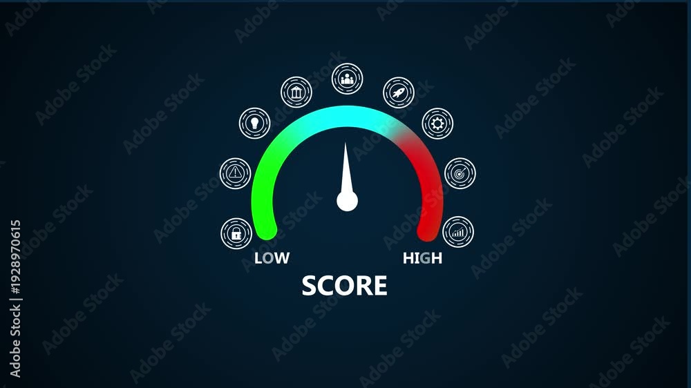 Risk assessment gauge with and color gradient from low to score levels ...