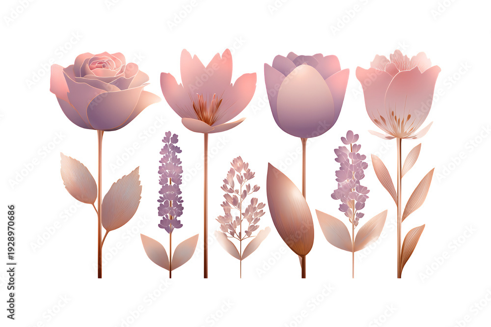Obraz premium Beautiful collection of delicate pastel pink and purple flowers with leaves.