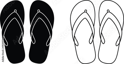Flip flops silhouette and outline illustration, summer beach sandals vector set, black and white footwear icon isolated background