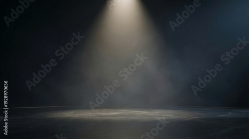Empty dark stage with single spotlight and smoke