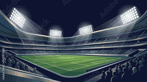 Modern Soccer Stadium Illustration with Bright Spotlights and Green Football Field at Night