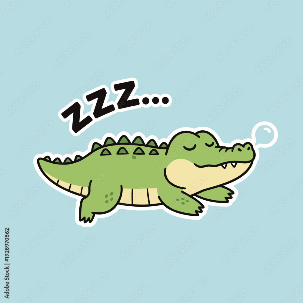 Obraz premium Sleeping Green Crocodile Cartoon Sticker with Zzz Text Illustration on Blue Background