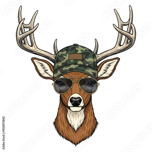 Deer buck head wearing camouflage hat and aviator sunglasses vector illustration on white background