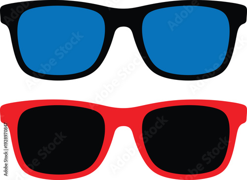 Two pairs of sunglasses with different colored frames and lenses displayed on a white background, showcasing fashion accessories.