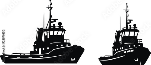 Black tugboat silhouette vector illustration, marine ship side view, harbor vessel design, nautical transportation icon isolated on white background