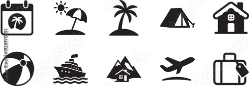 Holiday icon set vector silhouette collection for travel vacation festival calendar symbol pack.
