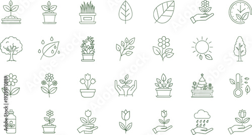 Green plant and gardening line icon set featuring potted flowers, tree saplings, leaves, watering drops, garden tools, growth cycles, and environmental ecology symbols.