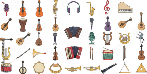 Hand drawn musical instrument icon set featuring acoustic guitars, trumpets, violins, drums, microphones, headphones, pianos, accordions, and various classical and folk orchestral equipment.