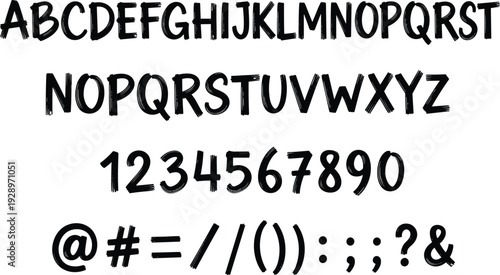 Hand drawn sans serif display font featuring uppercase alphabet letters, numbers, and special punctuation marks for creative branding and organic graphic design.