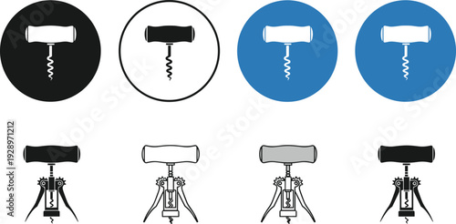 Wine Opener Corkscrew Icon Set with Manual Bottle Opener Silhouette and Flat Design Vector Illustration Collection