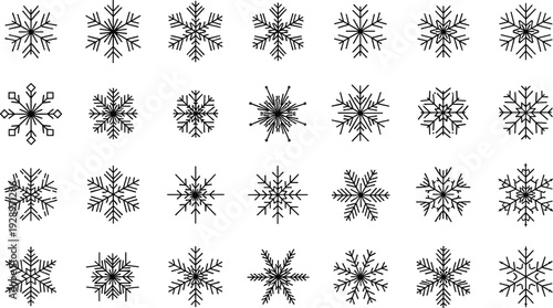 Large collection of black snowflake line icons featuring various geometric ice crystal designs for winter holiday decoration, Christmas celebrations, and cold weather symbols.