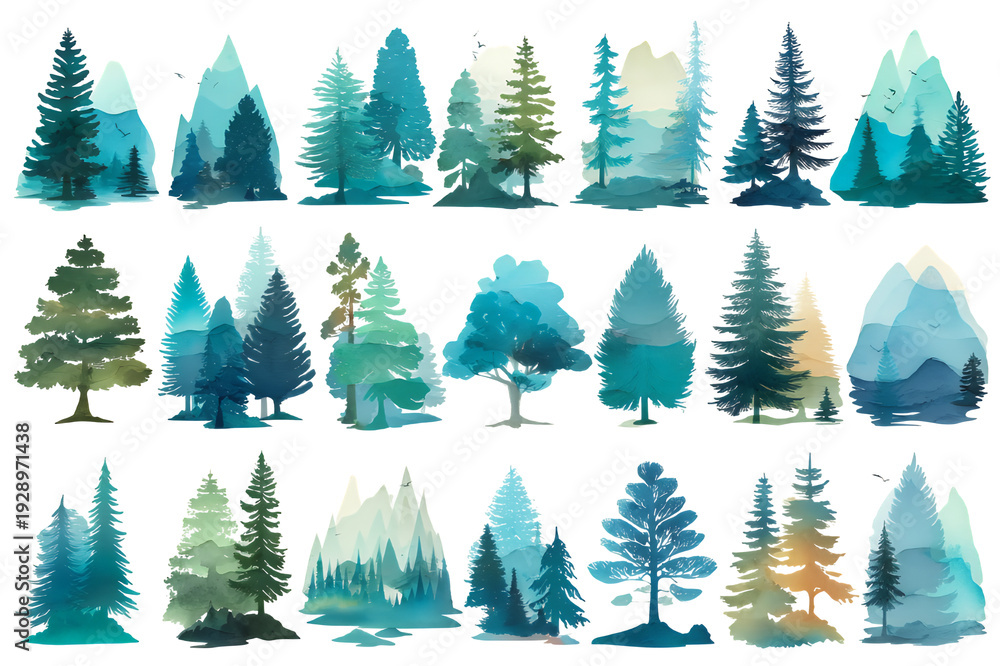 Obraz premium Watercolor collection of diverse evergreen trees in various shades of green and blue showcasing a forest theme.