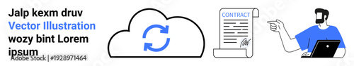 Cloud computing, remote work, digital contracts, business workflow, online collaboration, data synchronization. Cloud icon, document and person with laptop. Cloud computing and digital contracts