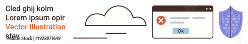 Cybersecurity, data protection, cloud storage, error handling, online safety, system alert. Cloud icon, error popup window and shield graphic. Cybersecurity and data protection