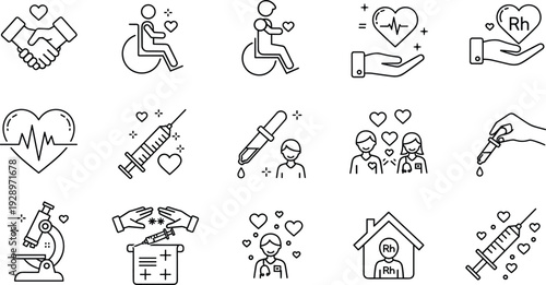 Medical charity and disability support line icon set featuring wheelchair accessibility, heart health, blood donation, volunteer handshake, nursing care, laboratory ,  inclusive healthcare symbols.