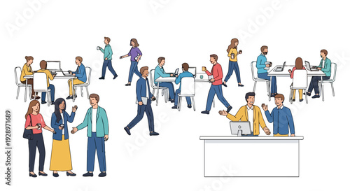 Flat 2D illustration of people working and collaborating in a modern coworking open space area with various individuals engaged in different activities.