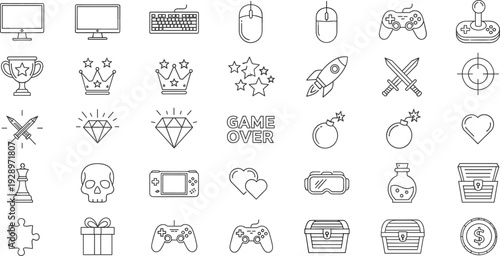 Mega set of gaming and e-sports line icons featuring game controllers, consoles, monitors, trophies, crowns, diamonds, hearts, bombs, treasure chests, and virtual reality goggles