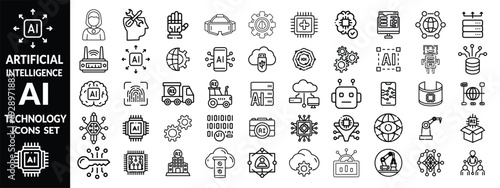 Artificial intelligence set of web icons in line style. AI technology icons for web and mobile app. Machine learning, digital AI technology, algorithm, smart robotic, cloud computing network