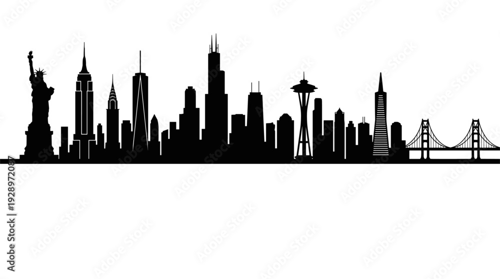 Naklejka premium Composite United States city skyline silhouette with famous landmarks isolated on white background vector illustration