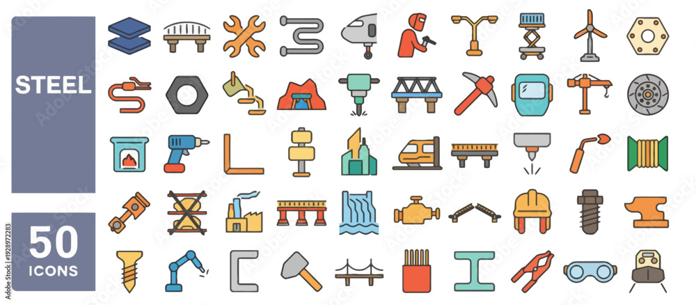 Fototapeta premium Collection of fifty steel icons representing various industrial tools and machinery in a grid layout for graphic design