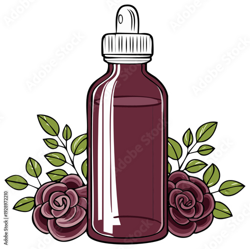 A dropper bottle filled with dark liquid surrounded by blooming roses and green leaves