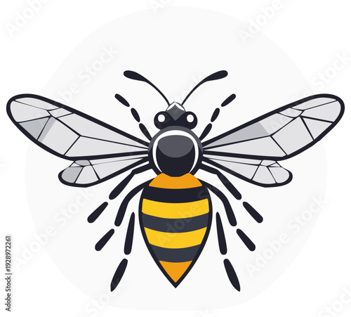 Stylized bee illustration in a graphic cartoon style. Flying honeybee or wasp icon with spread wings top view.