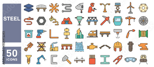 Collection of fifty steel icons representing various industrial tools and machinery in a grid layout for graphic design