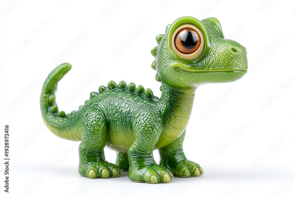Obraz premium Adorable green dinosaur toy with big eyes, perfect for children's books and educational materials, inspiring imagination and prehistoric adventures