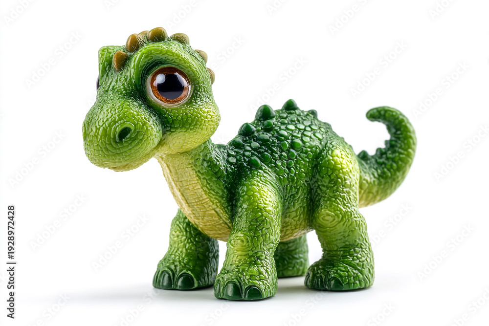 Fototapeta premium Adorable green dinosaur toy figure with big eyes isolated on white, perfect for children's illustrations, educational materials, or playful design projects