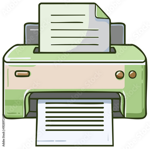 Cartoon green printer machine printing paper document with text lines