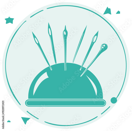 Teal Pincushion with Needles and Pins in a Circle with Abstract Shapes