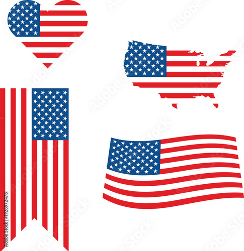 American Flag Creative Set with Heart Shape, Vertical Ribbon Banner, USA Map and Waving Flag Vector