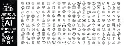 Artificial intelligence set of web icons in line style. AI technology icons for web and mobile app. Machine learning, digital AI technology, algorithm, smart robotic, cloud computing network