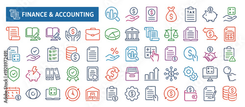 Collection of finance and accounting icons in various colors and styles on a clean background