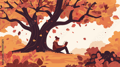 Flat vector illustration of a person reading a captivating book under the tree, peaceful outdoor scene with relaxed reader in nature, minimalist design isolated on white background for leisure
