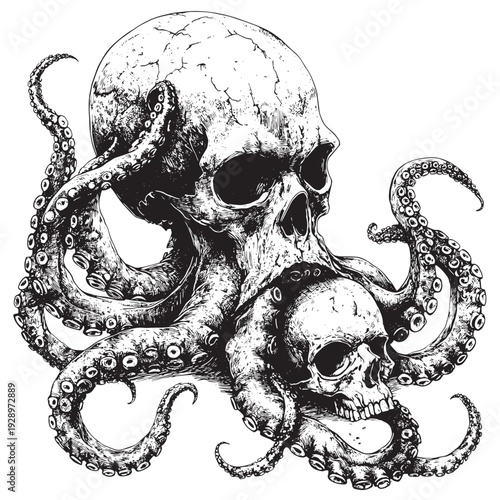 Black and white ink illustration of an octopus gripping a human skull, symbolizing mortality, mystery, and the depths of existence. , vector style simple color