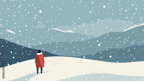 Flat vector illustration of a person walking in the snow, minimalist winter outdoor scene with snowfall and warm clothing, clean seasonal design 