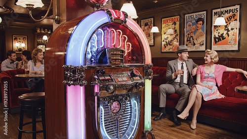 Vintage jukebox in a diner setting.