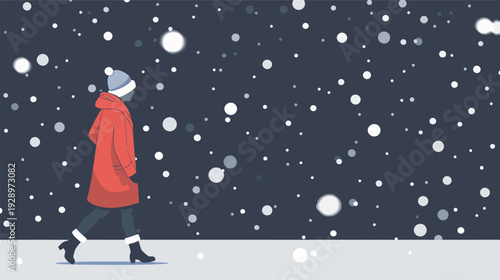 Flat vector illustration of a person walking in the snow, minimalist winter outdoor scene with snowfall and warm clothing, clean seasonal design 