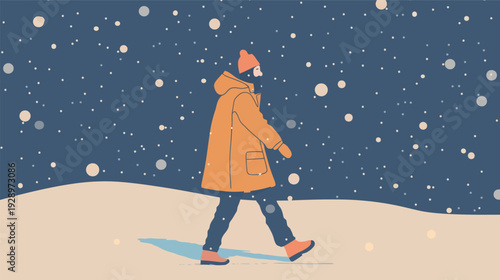 Flat vector illustration of a person walking in the snow, minimalist winter outdoor scene with snowfall and warm clothing, clean seasonal design 